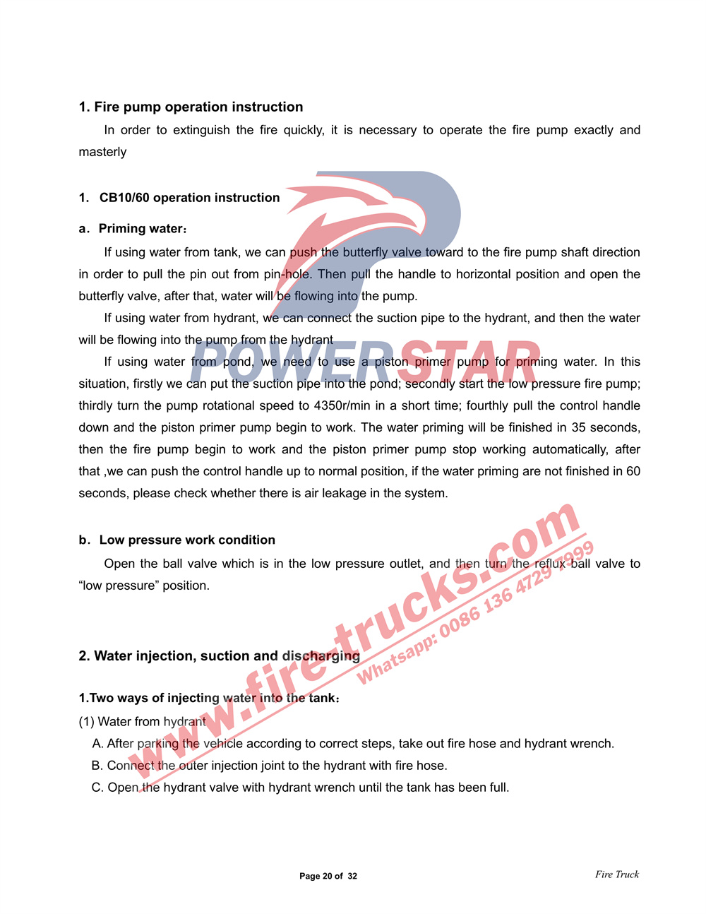 POWERSTAR ISUZU GIGA 6X4 Water Foam Fire Truck Manual