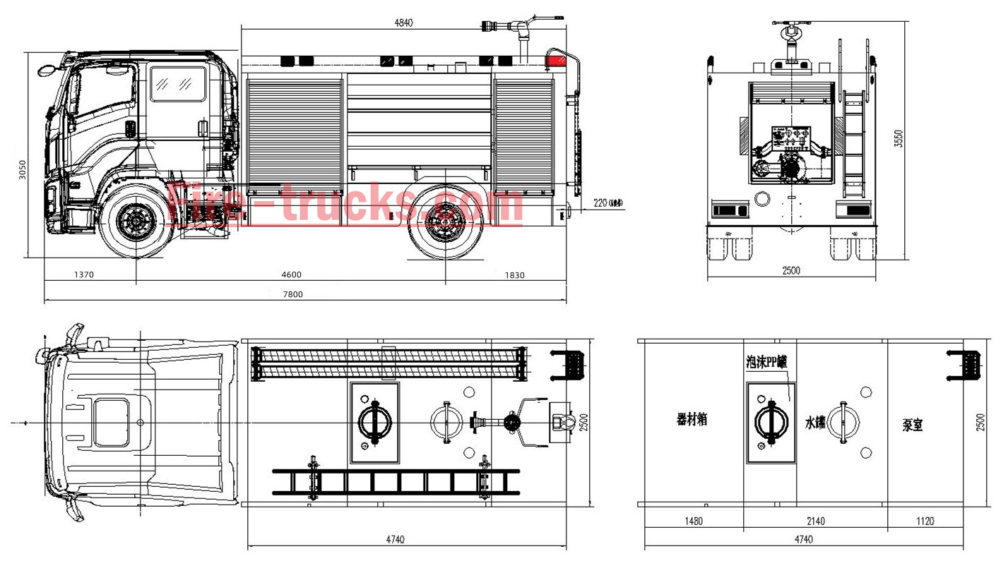 ISUZU GIGA 4x2 4500L foam water fire truck technical drawing