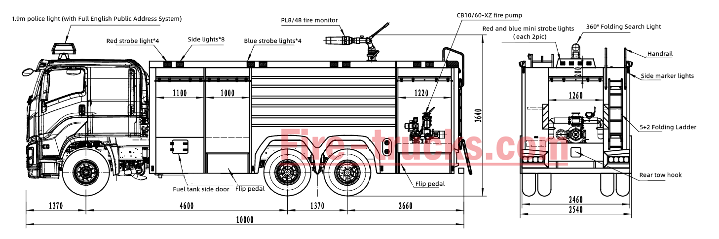 ISUZU GIGA 6x4 10000L foam water fire truck technical drawing