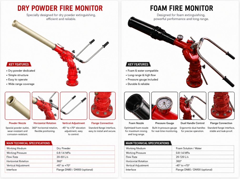 dry powder monitor vs foam monitor difference