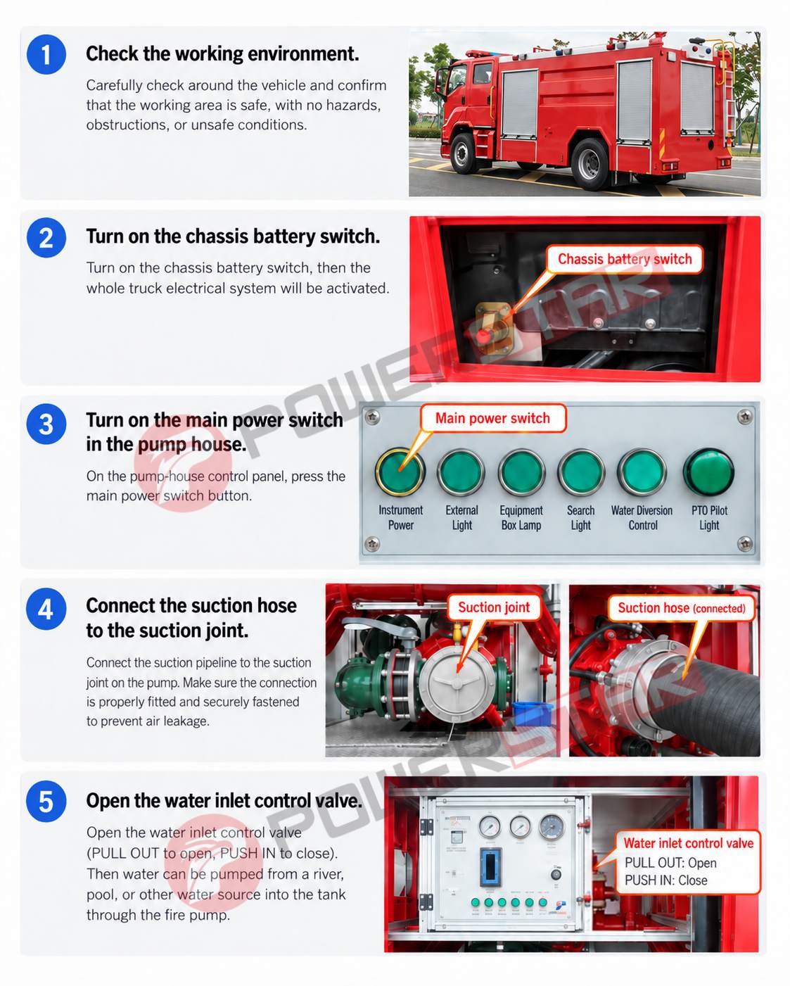 how to operate fire truck pump preparation chassis battery switch suction hose connection