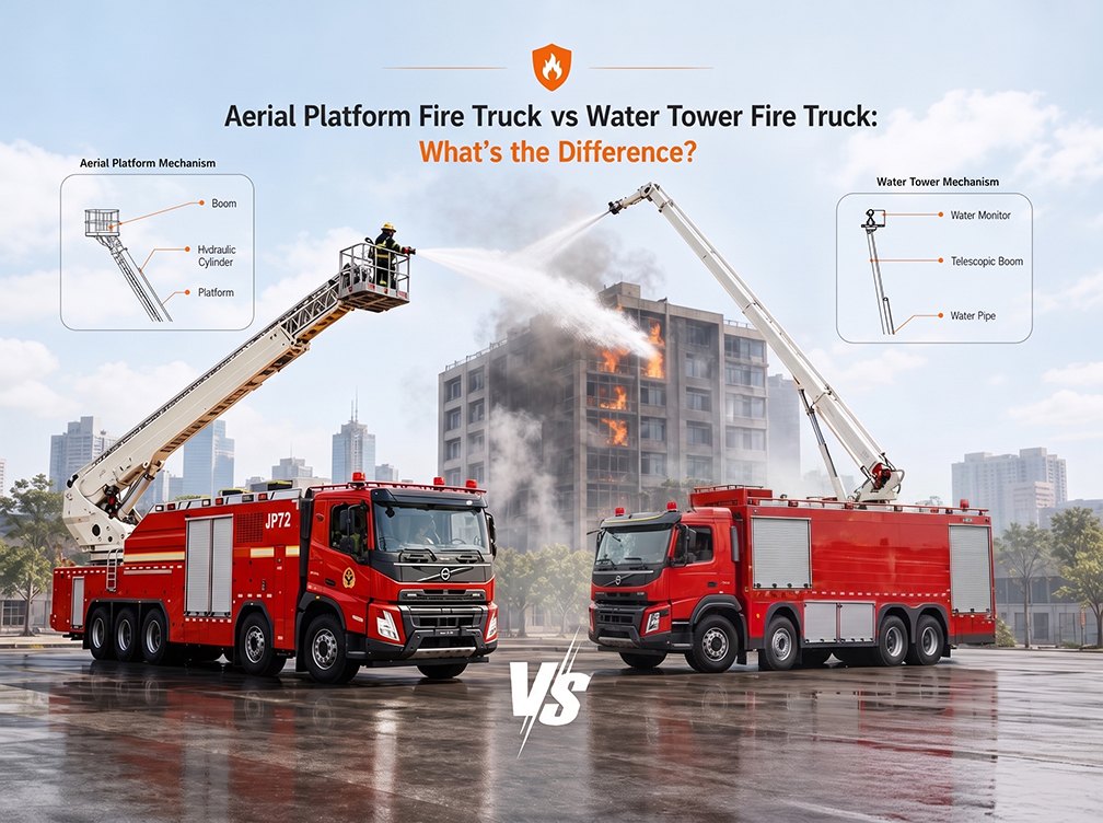 Camión de bomberos con plataforma aérea vs camión de bomberos con torre de agua: ¿cuál es la diferencia?